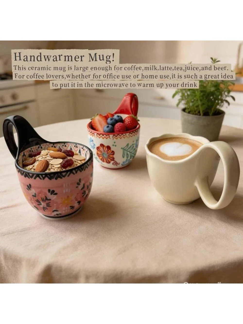 Stylish 14oz Ceramic Soup Bowls with Handles - Perfect for Oatmeal, Chili & Ice